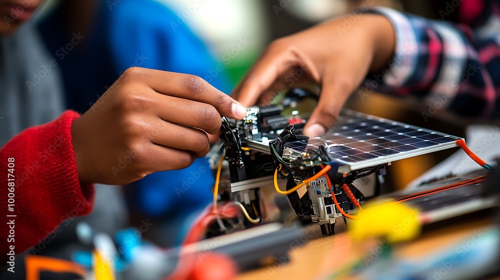 Poster engineer adjusting miniature solar panel model in lab