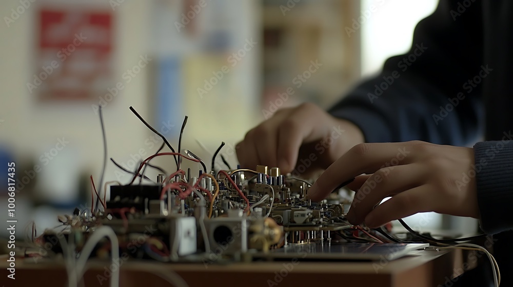 Aufkleber engineer adjusting miniature solar panel model in lab