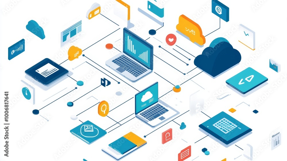 Poster this illustration details a network of cloud connections depicted with laptops and digital elements 
