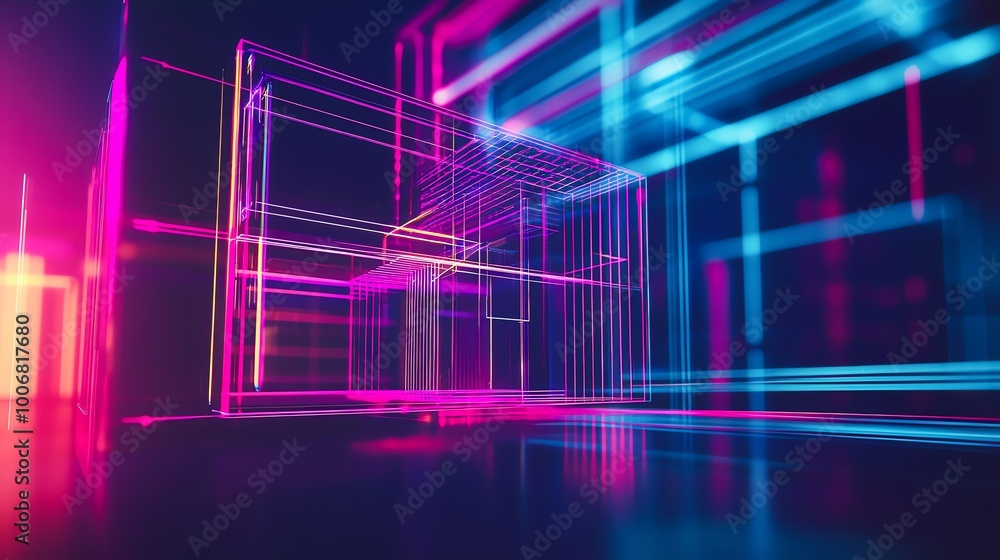 Poster vibrant neon lights illuminate a futuristic digital landscape with abstract geometric shapes, creati