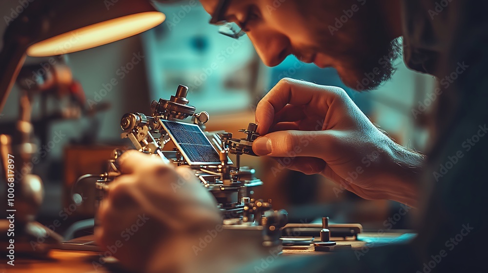 Poster engineer adjusting miniature solar panel model in lab