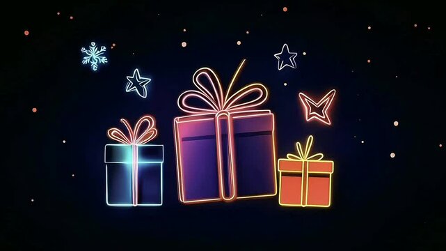 Shiny Christmas or birthday gift boxes surrounded by stars on black background video loop