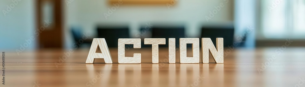 Wall mural action word displayed in wooden letters on a table in an office environment.