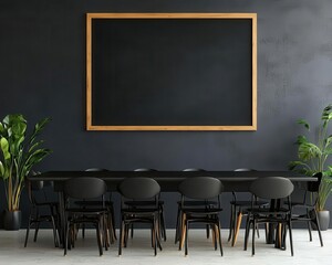 minimalist restaurant featuring sleek black tables and chairs, oversized chalkboard wall menu