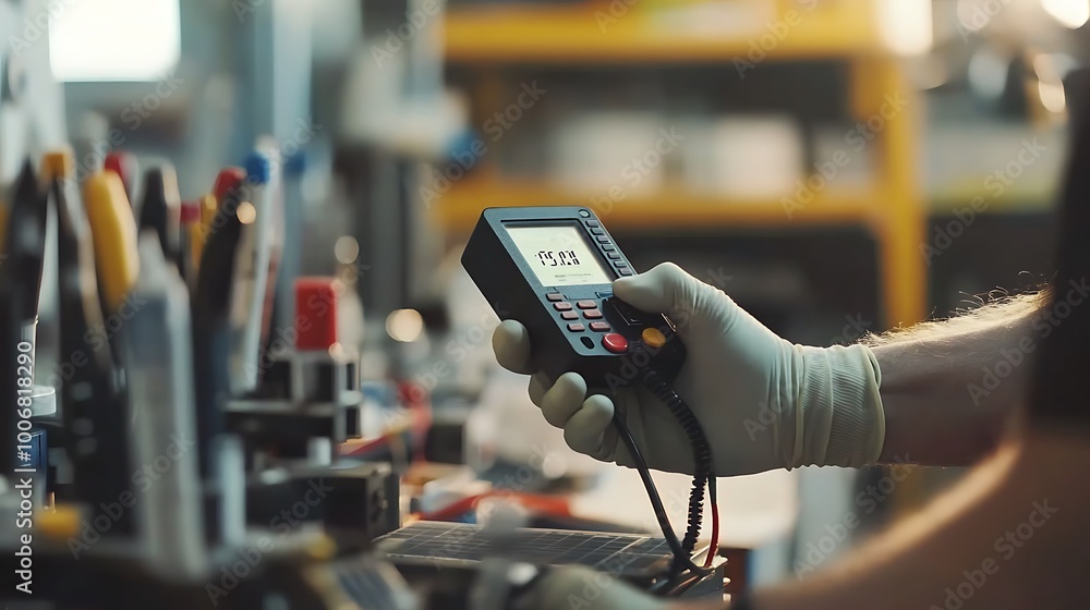 Aufkleber engineer measuring solar cell performance with multimeter