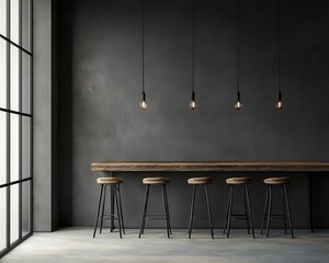 Modern cafe with bar and chairs with concrete walls and light from windows