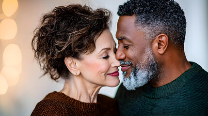 A senior interracial couple, an African man and Caucasian woman, kiss affectionately in their living room. Copy space.