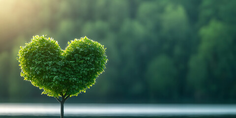heart shaped tree stands gracefully by water, surrounded by lush greenery, symbolizing love and natures beauty. serene atmosphere evokes feelings of peace and harmony