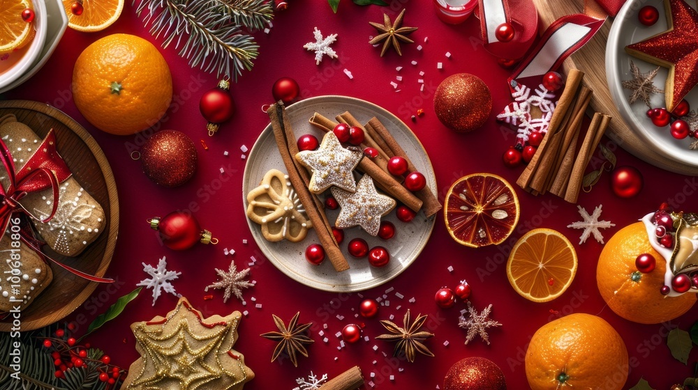 Aufkleber a red table with a white plate of cookies and cinnamon on it