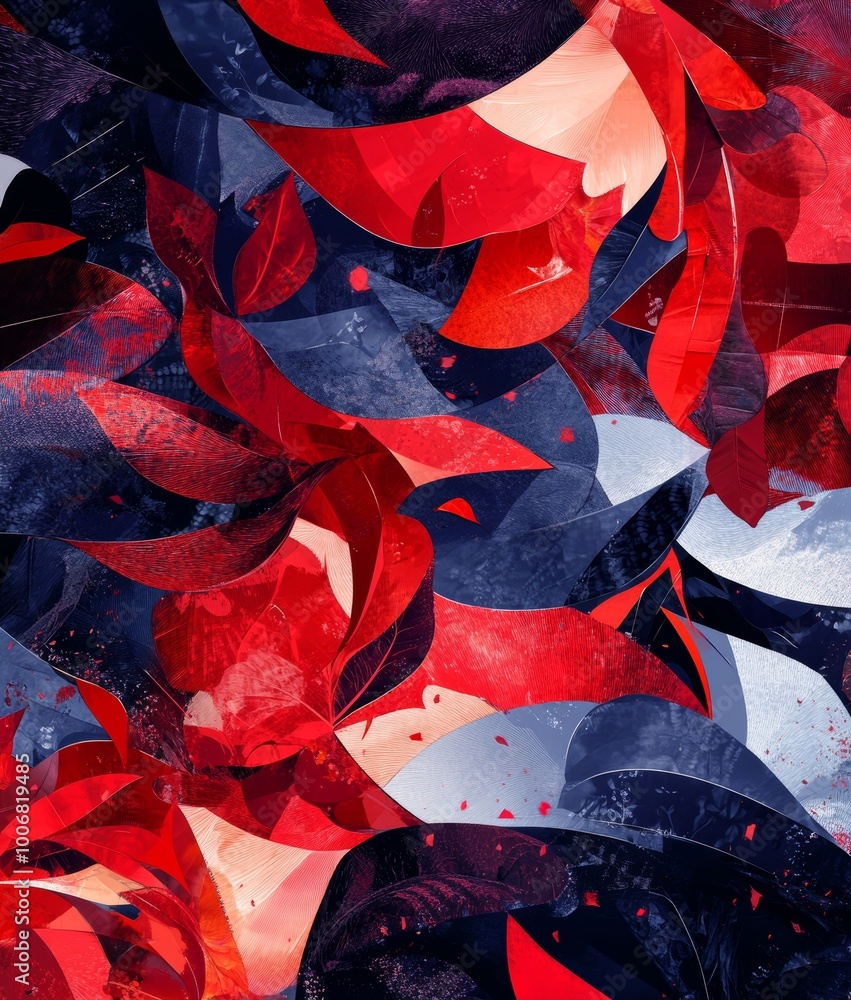 Poster an abstract artwork with vivid red and blue flowing forms and textures suggests artistic expression 