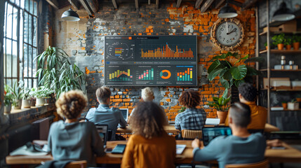 A diverse business team sitting in a modern loft-style office, analyzing charts and graphs displayed on a large screen during a meeting