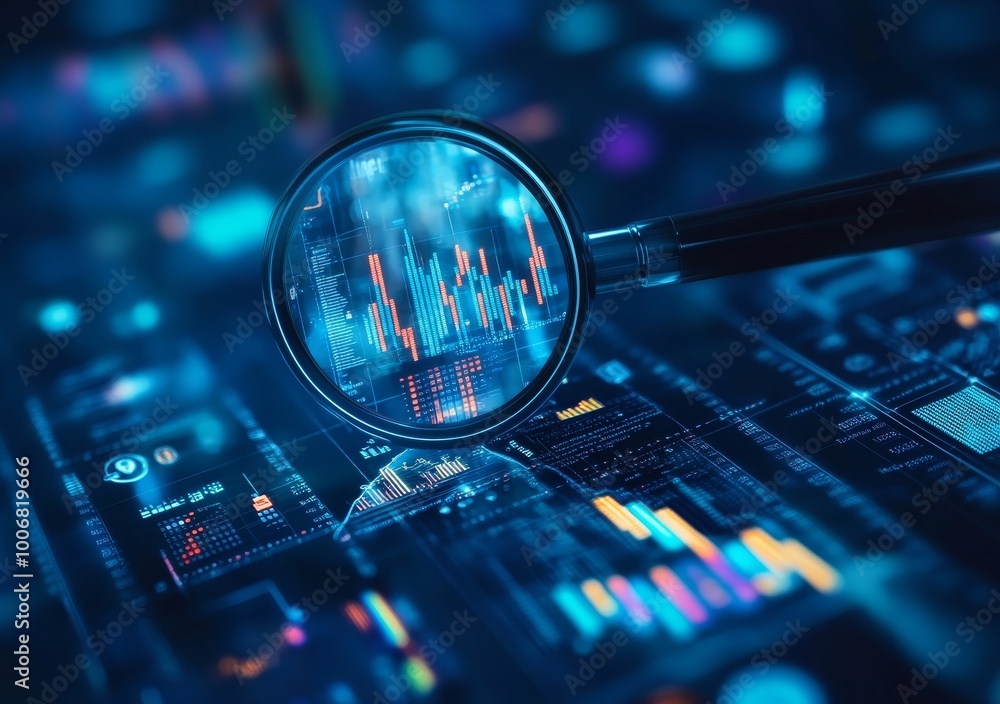 Poster magnifying glass focusing on colorful digital charts and graphs, symbolizing data analysis in a mode