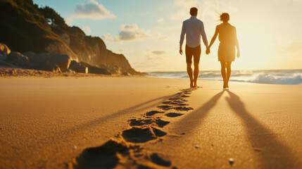 Romantic couple walking hand in hand on sunset beach Where women do not have footprints on the beach.
