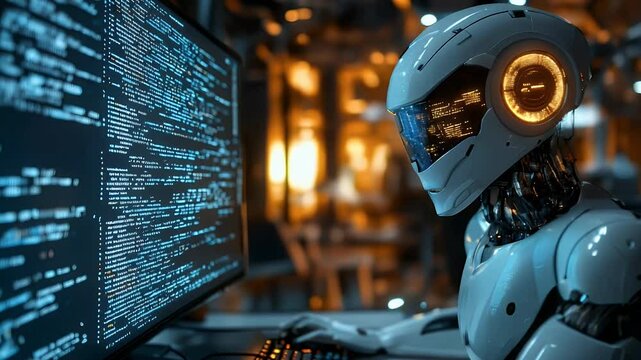 AI robot working on computer