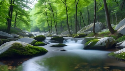 Mountain Creek Flowing Gently Between Moss-Covered Rocks