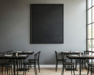 minimalist restaurant featuring sleek black tables and chairs, oversized chalkboard wall menu
