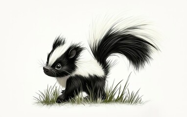 Naklejka premium A charming skunk with a bushy tail explores a grassy meadow under soft sunlight in a whimsical, tranquil setting
