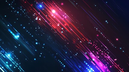 Naklejka premium Abstract background with diagonal lines and glowing lights in blue, pink, and red colors on a dark background.