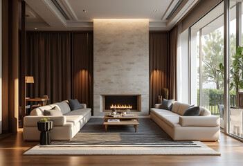 Art deco interior design of modern living room with fireplace.