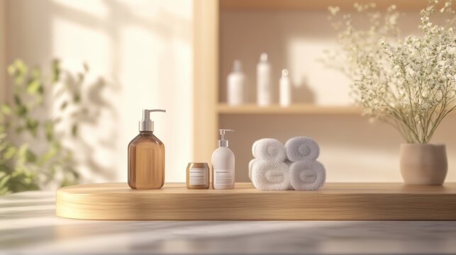 Wooden podium for bathing and spa products in defocused bathroom : Generative AI