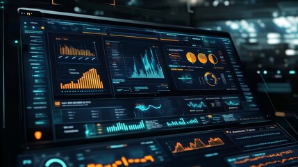 A futuristic digital dashboard visualizing a range of data through colorful graphs and charts on an illuminated screen.