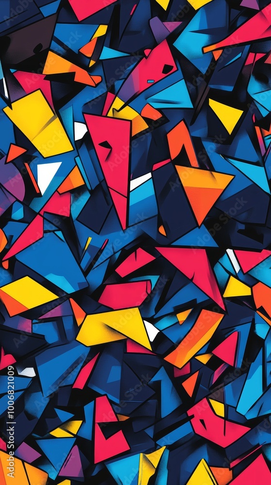 Poster an abstract composition of colorful geometric shapes, evoking a sense of dynamic creativity and cubi