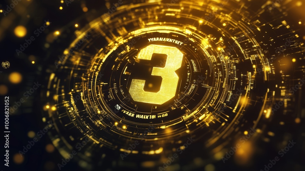 Poster a futuristic countdown timer displays the number three, surrounded by a complex and glowing digital 