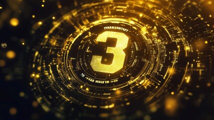 A futuristic countdown timer displays the number three, surrounded by a complex and glowing digital circuitry pattern.