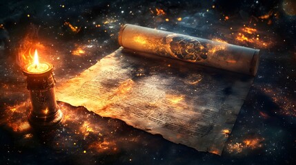 Ancient prophecy on an old scroll surrounded by magical