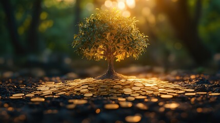 Bitcoin tree sprouting from golden coins, symbolizing the growth of cryptocurrency investments