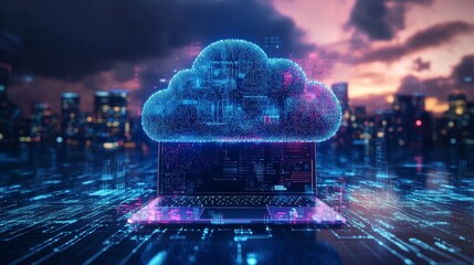 A digital cloud floats above a laptop on a cityscape background, representing technology and cloud computing.