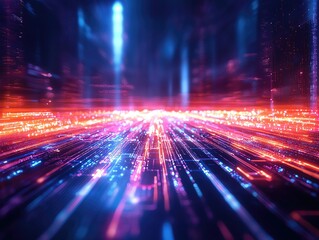 Vibrant light trails create a stunning, immersive digital landscape, symbolizing speed and technology in a futuristic setting.