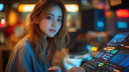 Obraz premium Woman working on a soundboard in a studio
