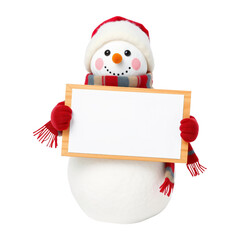 Cheerful snowman holding a blank sign isolated on a transparent background