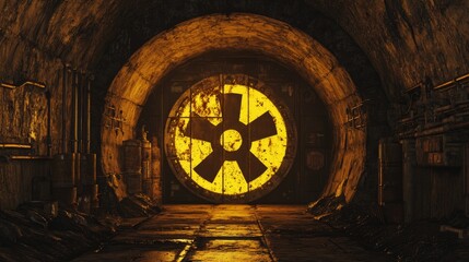 A chilling view of a tunnel with industrial walls and a prominent yellow radiation symbol, evoking a sense of danger and mystery.