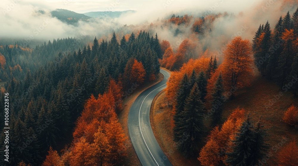 Poster a winding road with trees in the background