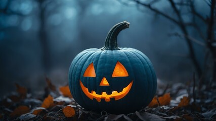 Naklejka premium abstract eerie glowing blue closeup of a Halloween pumpkin on misty background, bokeh background