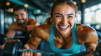 Obraz premium A close-up shot of a happy athletic couple exercising with hand weights in a lunge position at the gym, their faces showing determination and joy, with the blurred background of gym equipment