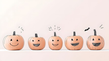 Five cheerful pumpkins with playful expressions on a light background.