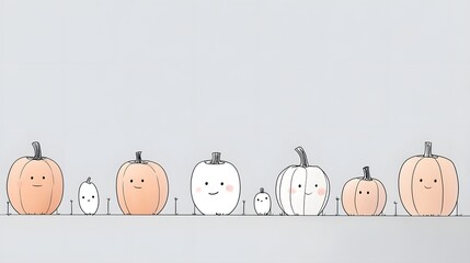A charming illustration of cute pumpkins with happy faces on a light background.