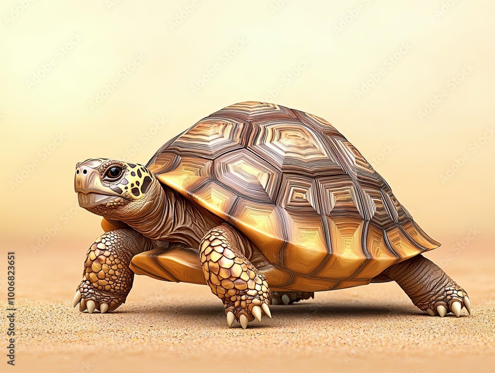 Poster stylized 3d illustration of a wise tortoise with a patterned shell moving slowly across ground