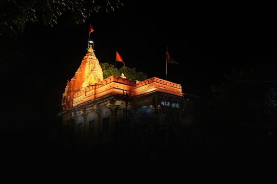 illuminated temple shot at dark night at Shree Harsiddhi Mata Shaktipeeth Temple temple ujjain with copy space