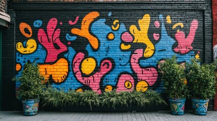 A vibrant street art mural on a brick wall featuring abstract shapes and bold colors, capturing the essence of urban creativity and expression.
