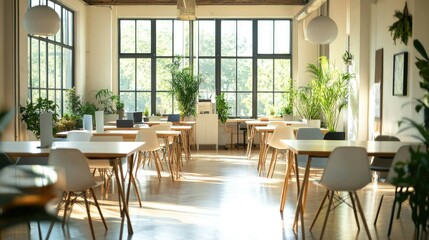 Obraz premium Bright, open office meeting room with tables and chairs in separate areas, divided for collaboration, with a walkway through the middle for easy access.