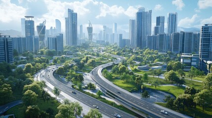 City skyline dominated by tall buildings, with a road winding through green space in the foreground. Urban life in harmony with nature.