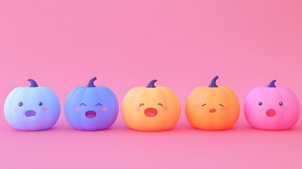 Colorful, cute pumpkins with expressive faces on a pink background.
