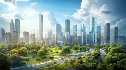 City skyline featuring many tall buildings with a park and a road in the foreground, blending urban architecture with nature.