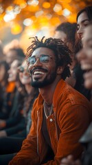 A young man in a red jacket smiles brightly at the camera while surrounded by a crowd of people.