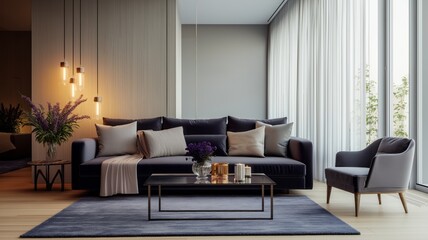 Stylish Modern Living Room with Soft Lighting and Floral Decor