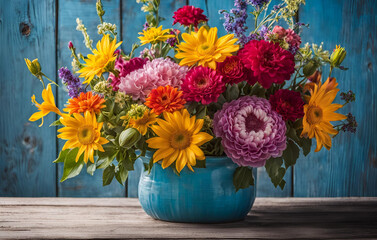 A vase of colorful flowers is on a table. Garden flowers over wooden background stock photo Springtime, A vase of flowers on a table against a blue bokeh background

